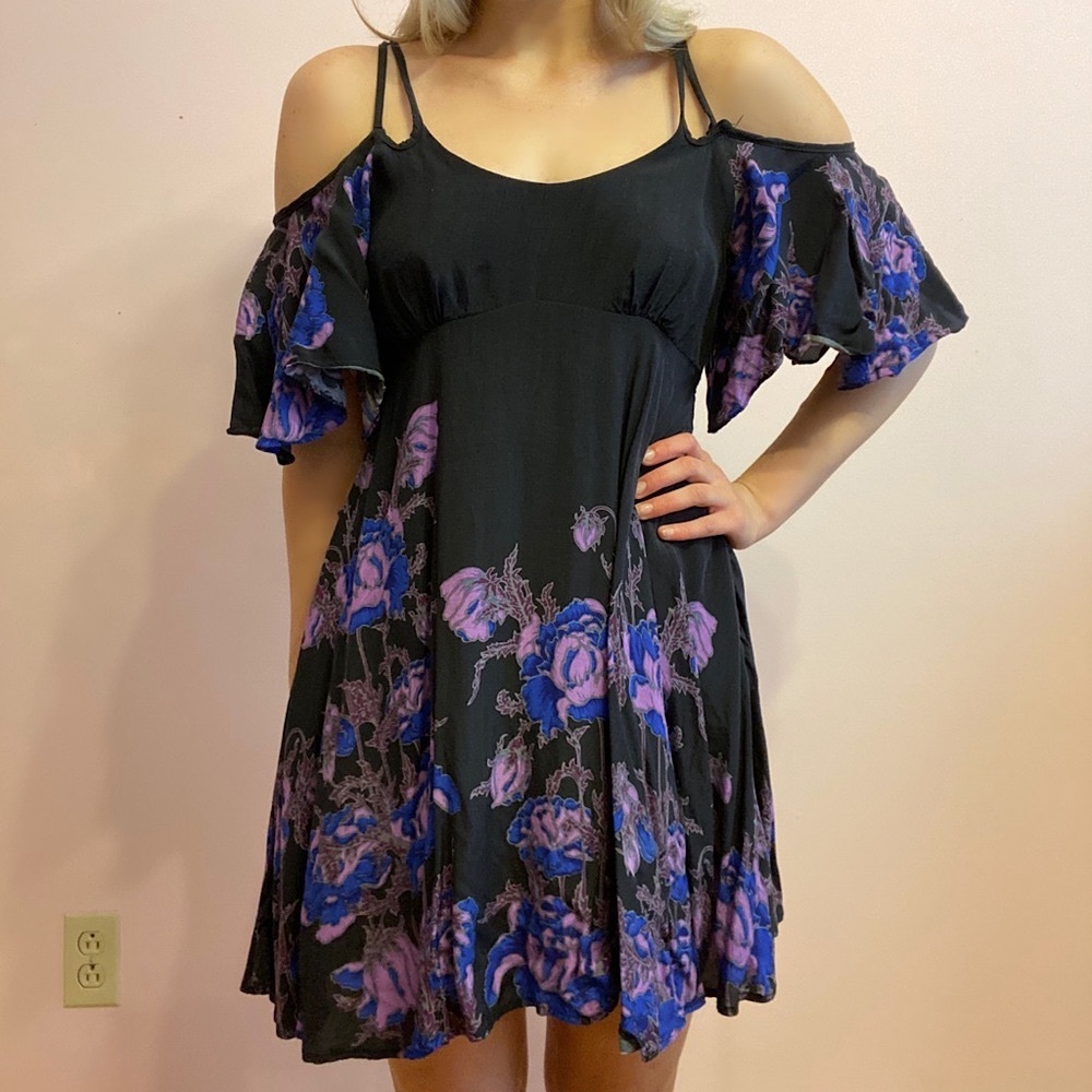 FP Black & Purple Floral Cold Shoulder Witchy Sundress